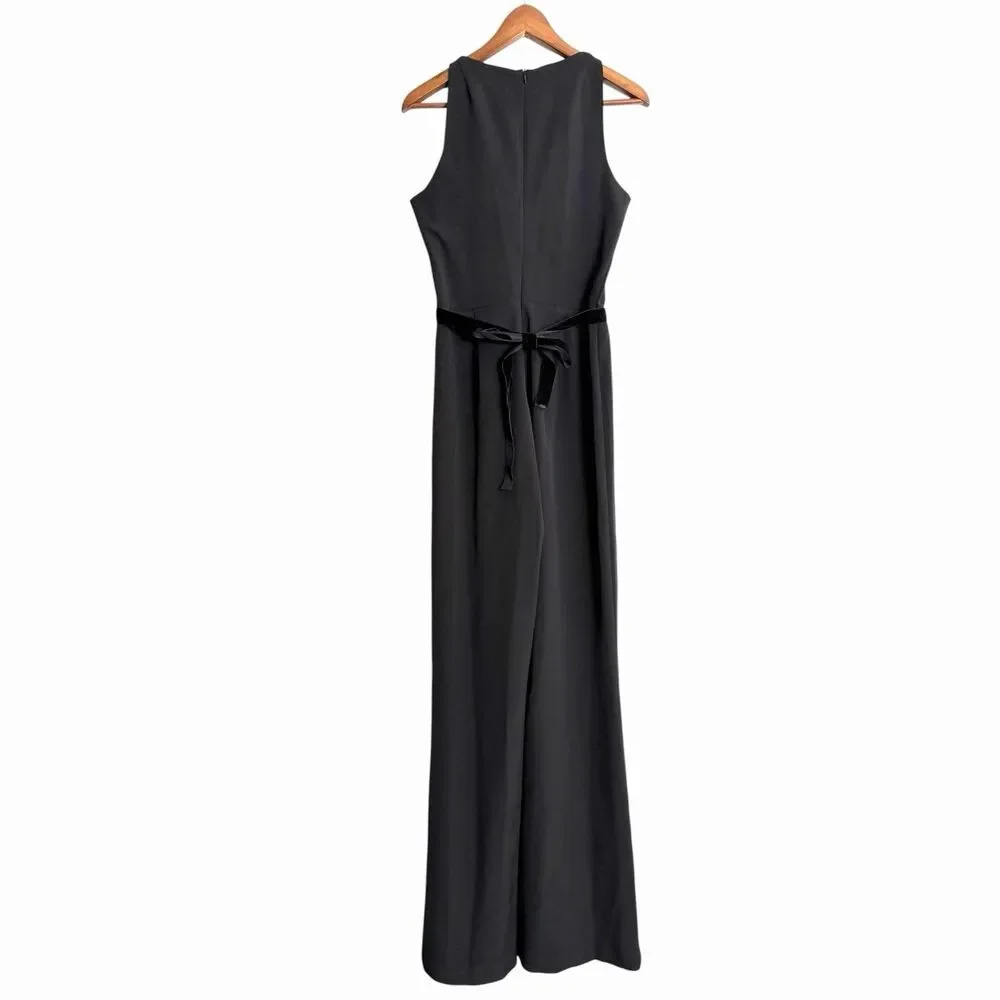 Jay Godfrey Black Wide Leg Jumpsuit Velvet Tie V-Neck Sleeveless Size 6
